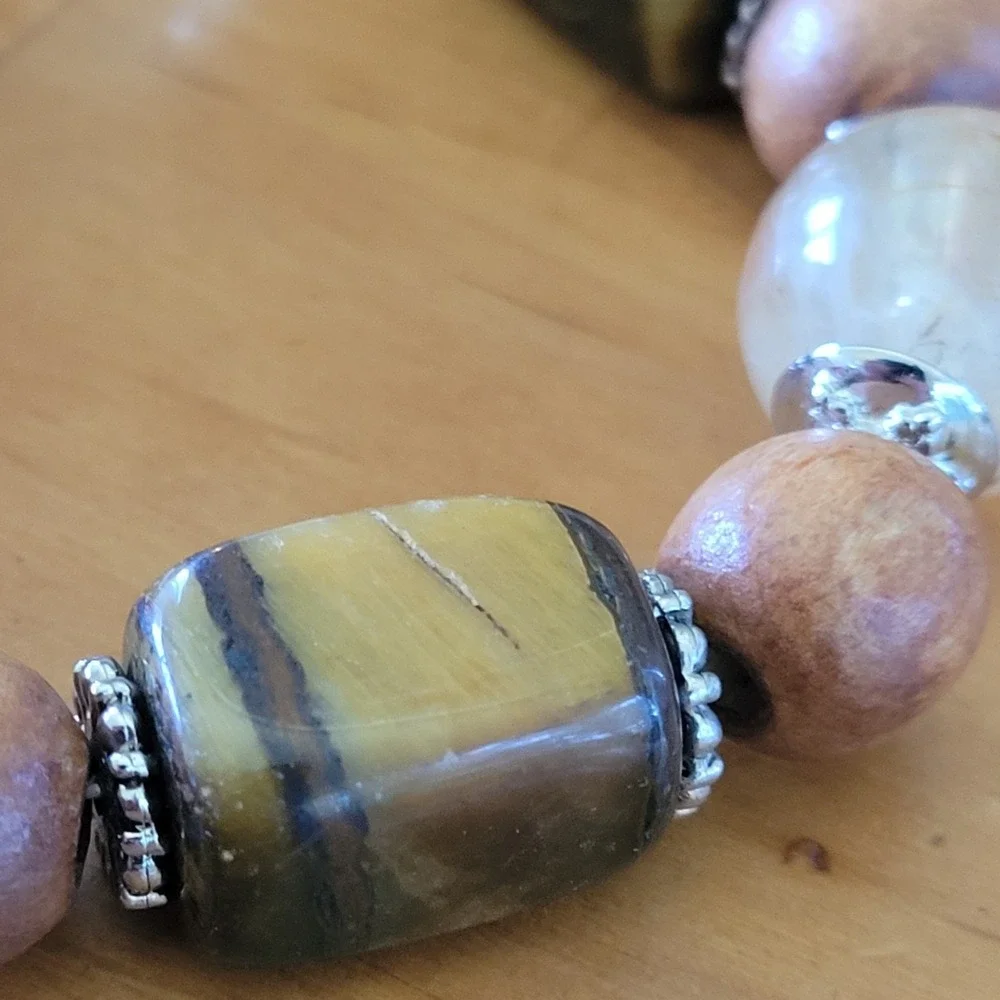 Chunky Tigers Eye Wood Bead Stretch Bracelet Marbled Glass 43g Vtg
